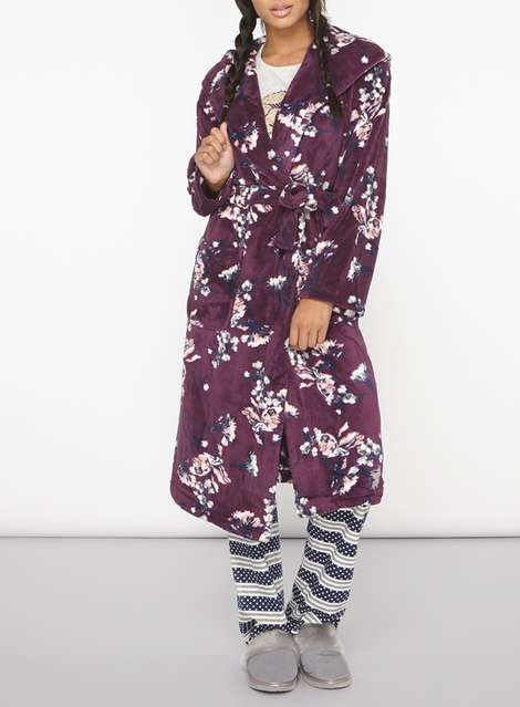 Wine Floral Hooded Dressing Gown